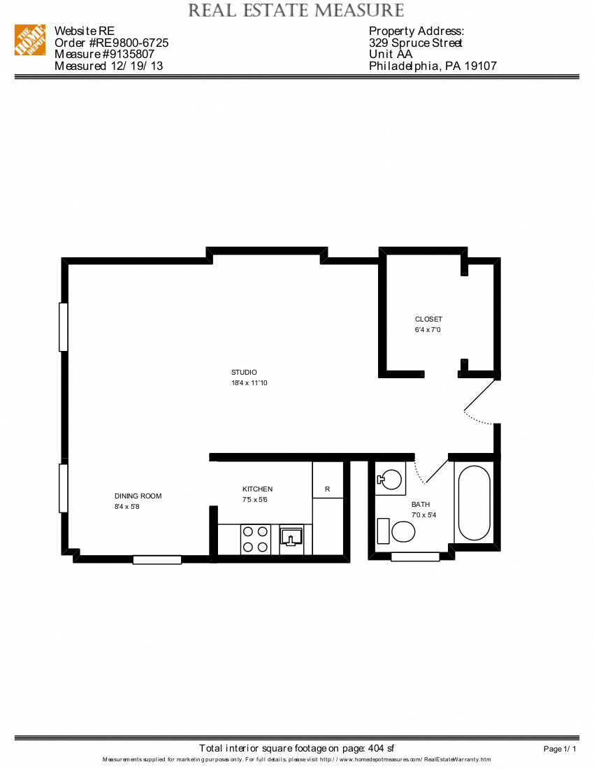 Floor plan for studio, 1 bath